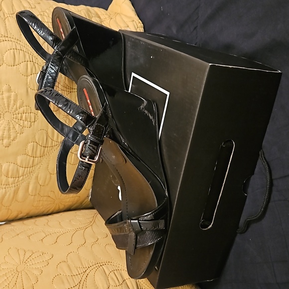 Prada Patten Leather Slingback Wedge Sandals - Picture 3 of 12